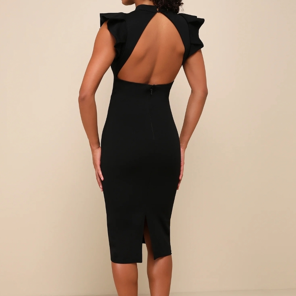 Lulu's Black Ruffle-Shoulder Midi Sheath Dress Pre-Owned - Picture 2 of 10
